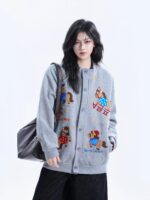 작은 미국 복고풍 자수 만화 포니 카디건 재킷 여성용 느슨한 캐주얼 커플 재킷