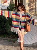 레인보우 스트라이프 태슬 긴팔 니트 가디건 여성용 중간 길이 스웨터 코트 가을 겨울 신상품 루즈 니치 시크