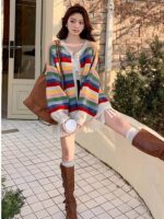 레인보우 스트라이프 태슬 긴팔 니트 가디건 여성용 중간 길이 스웨터 코트 가을 겨울 신상품 루즈 니치 시크 - 이미지 2