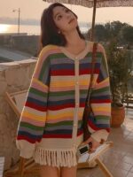 레인보우 스트라이프 태슬 긴팔 니트 가디건 여성용 중간 길이 스웨터 코트 가을 겨울 신상품 루즈 니치 시크 - 이미지 3