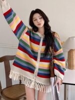 레인보우 스트라이프 태슬 긴팔 니트 가디건 여성용 중간 길이 스웨터 코트 가을 겨울 신상품 루즈 니치 시크 - 이미지 4