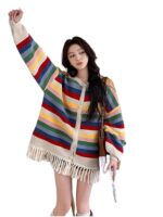 레인보우 스트라이프 태슬 긴팔 니트 가디건 여성용 중간 길이 스웨터 코트 가을 겨울 신상품 루즈 니치 시크 - 이미지 5