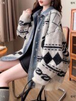 루즈한 라지 사이즈 레이지 스타일 데님 스플라이싱 니트 카디건 여성 가을 ​​겨울 고급 레트로 패션 스웨터 재킷 - 이미지 3