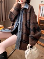 루즈한 라지 사이즈 레이지 스타일 데님 스플라이싱 니트 카디건 여성 가을 ​​겨울 고급 레트로 패션 스웨터 재킷 - 이미지 4