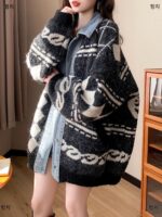 루즈한 라지 사이즈 레이지 스타일 데님 스플라이싱 니트 카디건 여성 가을 ​​겨울 고급 레트로 패션 스웨터 재킷 - 이미지 5