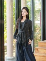 초가을 니트 스웨터 여성 2025 신상품 가을 레이지 스타일 카디건 투피스 세트 가을 웨어 네이비 블루 웨어 허리