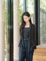 초가을 니트 스웨터 여성 2025 신상품 가을 레이지 스타일 카디건 투피스 세트 가을 웨어 네이비 블루 웨어 허리 - 이미지 4