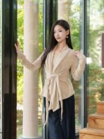 초가을 니트 스웨터 여성 2025 신상품 가을 레이지 스타일 카디건 투피스 세트 가을 웨어 네이비 블루 웨어 허리 - 이미지 5