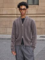 VLABMADE 레트로 올드머니 스타일 다크 스트라이프 자카드 * 더블 지퍼 폴로 스웨터 울 블렌드 스웨터 - 이미지 4