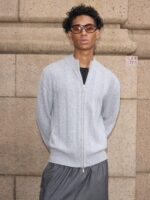 VLABMADE 레트로 올드머니 스타일 다크 스트라이프 자카드 * 더블 지퍼 폴로 스웨터 울 블렌드 스웨터 - 이미지 5