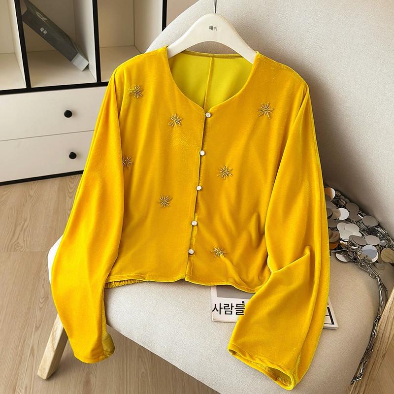 main_977148621509_0 가벼운 중국 스타일 새로운 중국 스타일 재킷 젊은 스타일 라운드 넥 비즈 카디건 겉옷 여성 가을 실크 벨벳 고급 상의 - 이미지 1