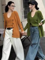 한국 레트로 케이블 니트 투피스 슈트 여성 가을 ​​겨울 레이지 스타일 홀터넥 캐미솔 스웨터 재킷 카디건