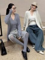 한국 레트로 케이블 니트 투피스 슈트 여성 가을 ​​겨울 레이지 스타일 홀터넥 캐미솔 스웨터 재킷 카디건 - 이미지 5