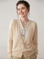 가짜 2피스 100% 순수 캐시미어 카디건 여성용 V넥 재킷 니트 캐시미어 컬러 매칭 루즈 롱슬리브 탑 아우터웨어 - 이미지 2