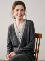 가짜 2피스 100% 순수 캐시미어 카디건 여성용 V넥 재킷 니트 캐시미어 컬러 매칭 루즈 롱슬리브 탑 아우터웨어 - 이미지 3