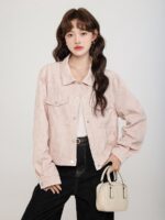 한국 스타일 핑크 폴로 칼라 데님 재킷 여성 2025 가을 신상품 패션 슬림 다용도 짧은 카디건 탑