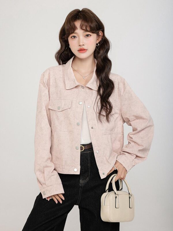 한국 스타일 핑크 폴로 칼라 데님 재킷 여성 2025 가을 신상품 패션 슬림 다용도 짧은 카디건 탑