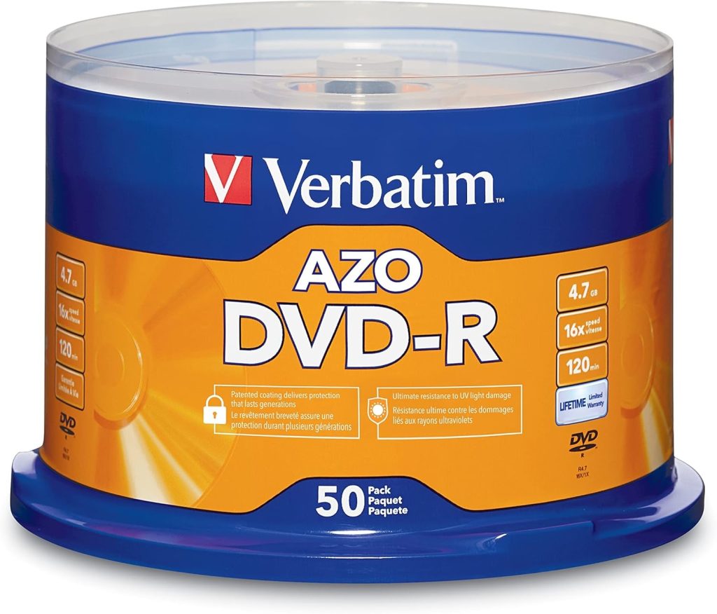 Verbatim DVD-R 4.7GB 16X Recordable Discs with AZO Dye, 50 Pack
