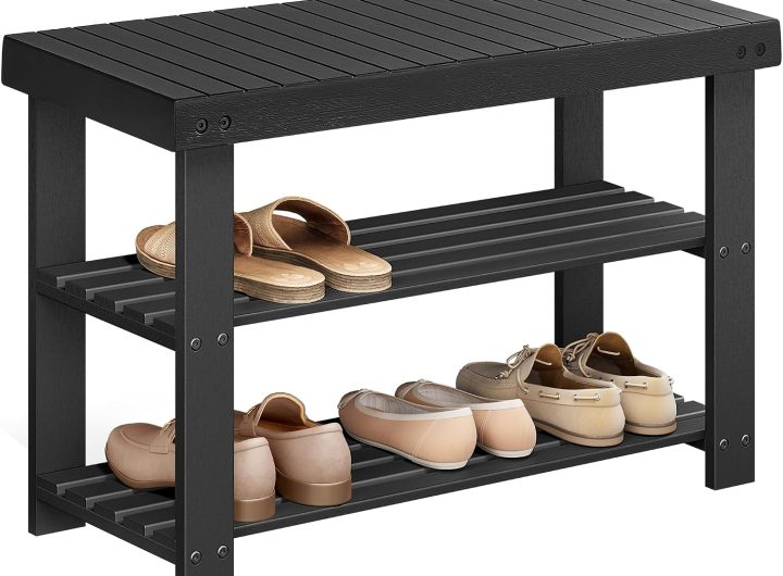SONGMICS Shoe Rack Bench, 3-Tier Bamboo Entryway Bench, 27.6 Inches Width