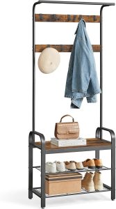 VASAGLE Coat Rack, Hall Tree with Shoe Bench, 4-in-1, 9 Removable Hooks