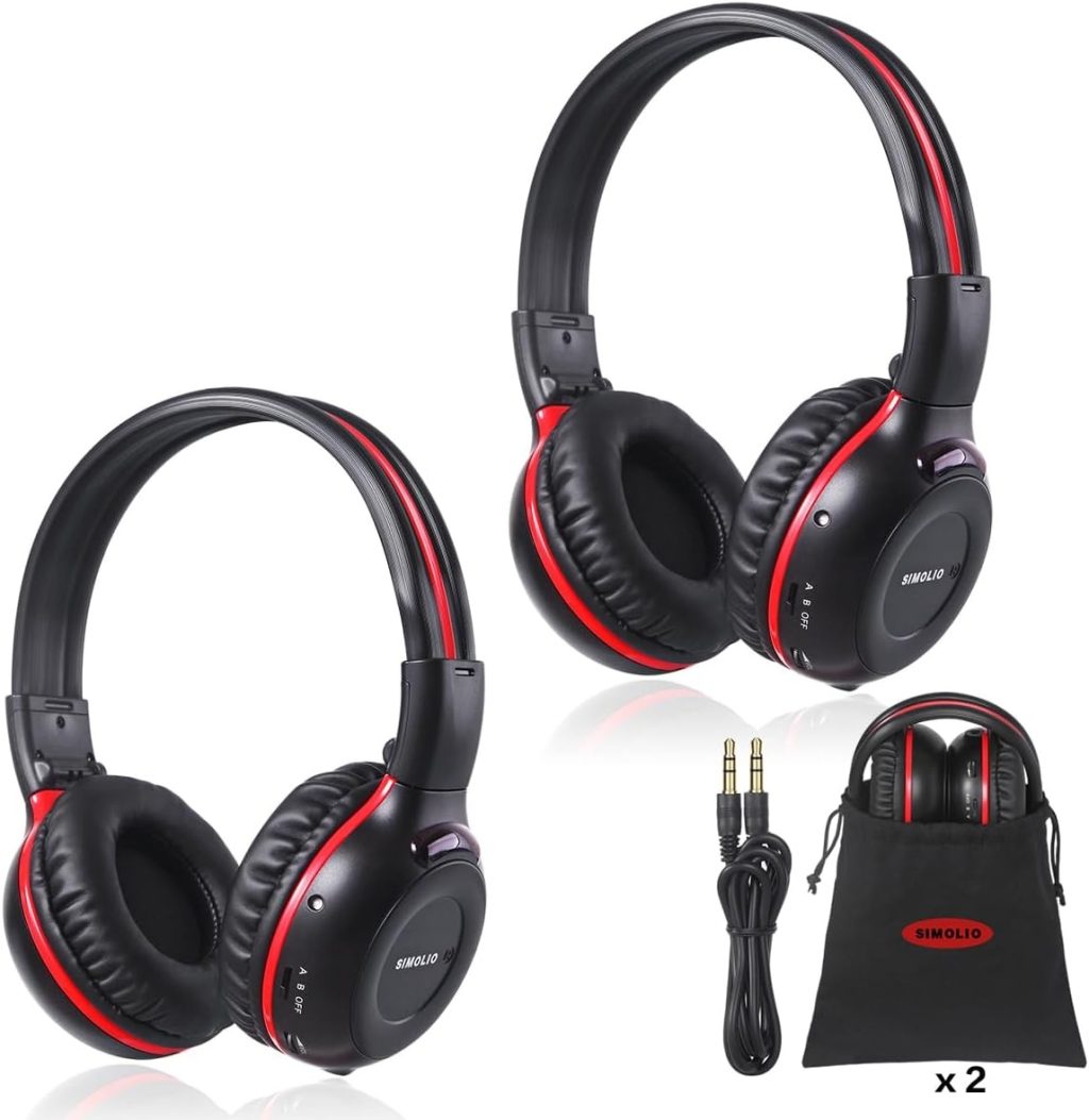 SIMOLIO 2 Pack of Wireless Car Headphones, 2 Channel IR Wireless Headphones for Kids, Not Bluetooth, in Car DVD Headsets with Storage Bag for Vehicle Universal Rear Entertainment System