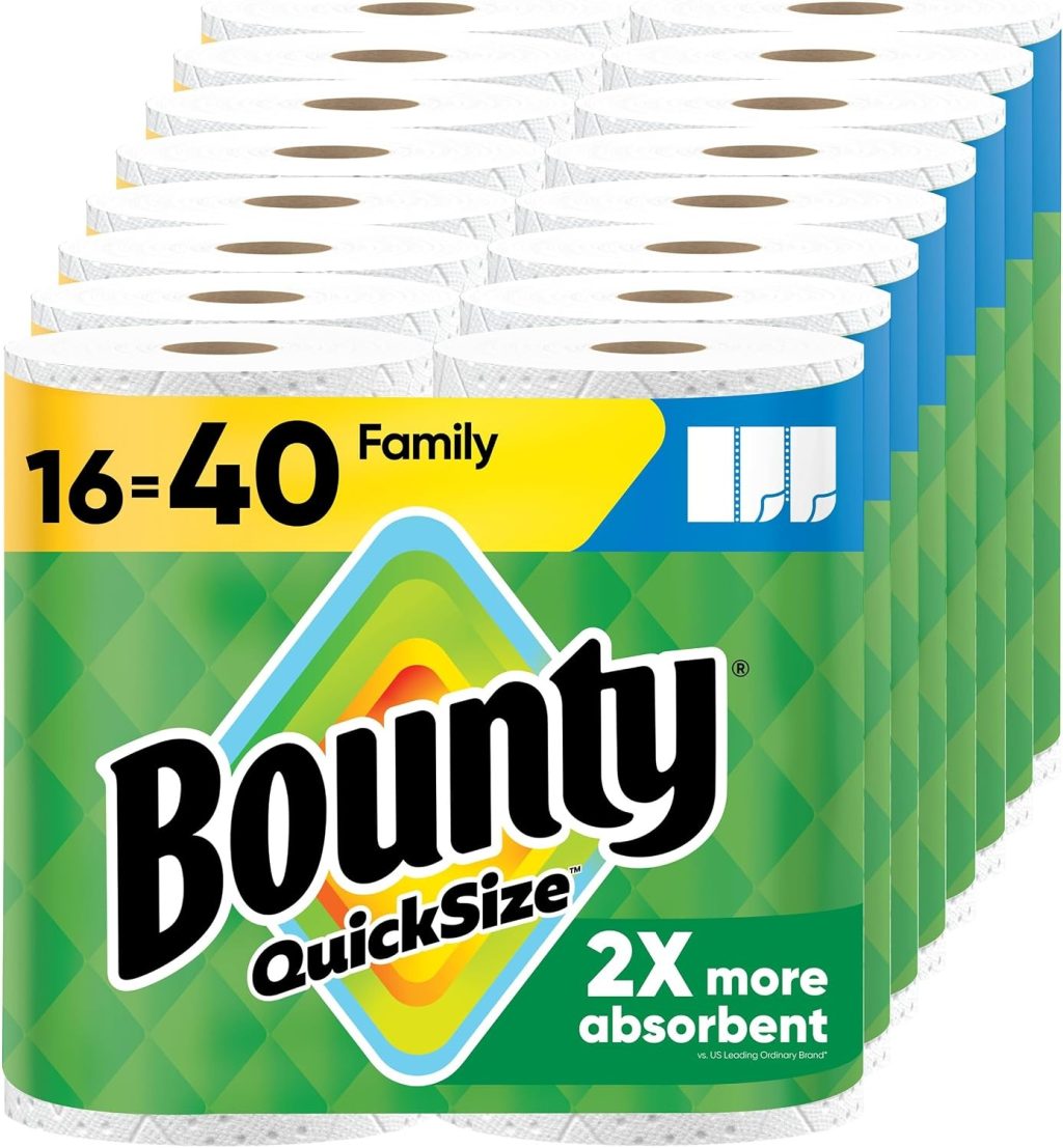Bounty Paper Towels Quick Size, White, 16 Family Rolls = 40 Regular Rolls