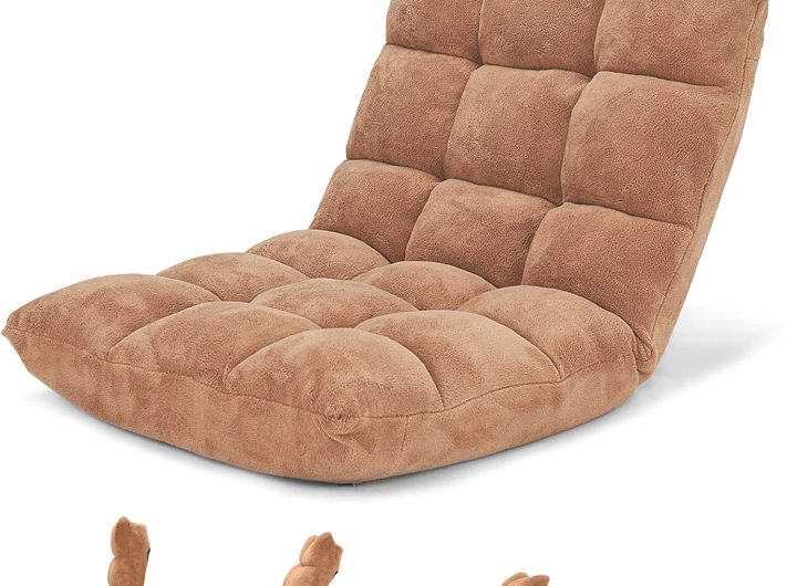 GIANTEX Folding Floor Chair with Back Support, 14 Adjustable Position, Padded Sleeper Bed, Couch Recliner, Gaming Floor Chairs for Adults, Meditation, Living Room (TAN)