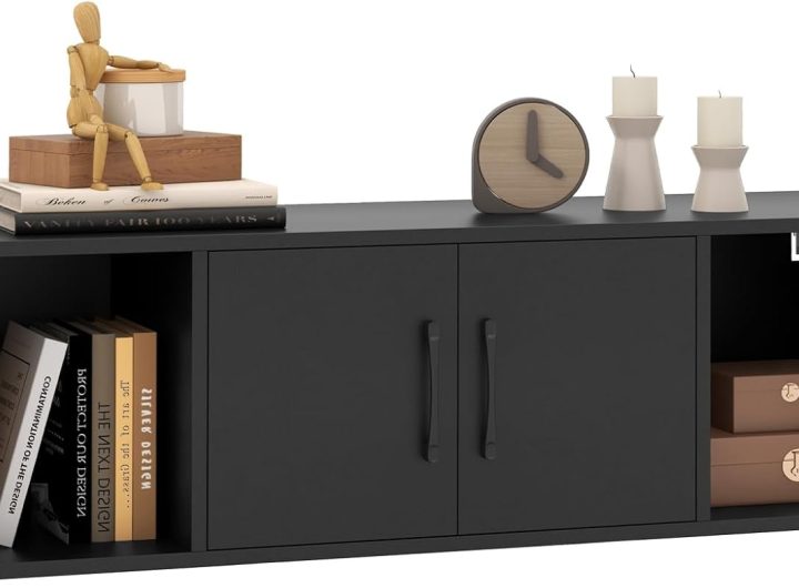 GIANTEX Wall Mounted Storage Cabinet, 2 Cube Floating Desk with Doors,Black