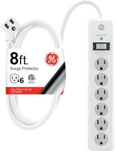 GE Surge Protector Power Strip, 8 Ft Extension Cord, 6 Outlet Extender, 800 Joules, Flat Plug, Twist-to-Close Safety Covers, ETL Listed, White, 67044