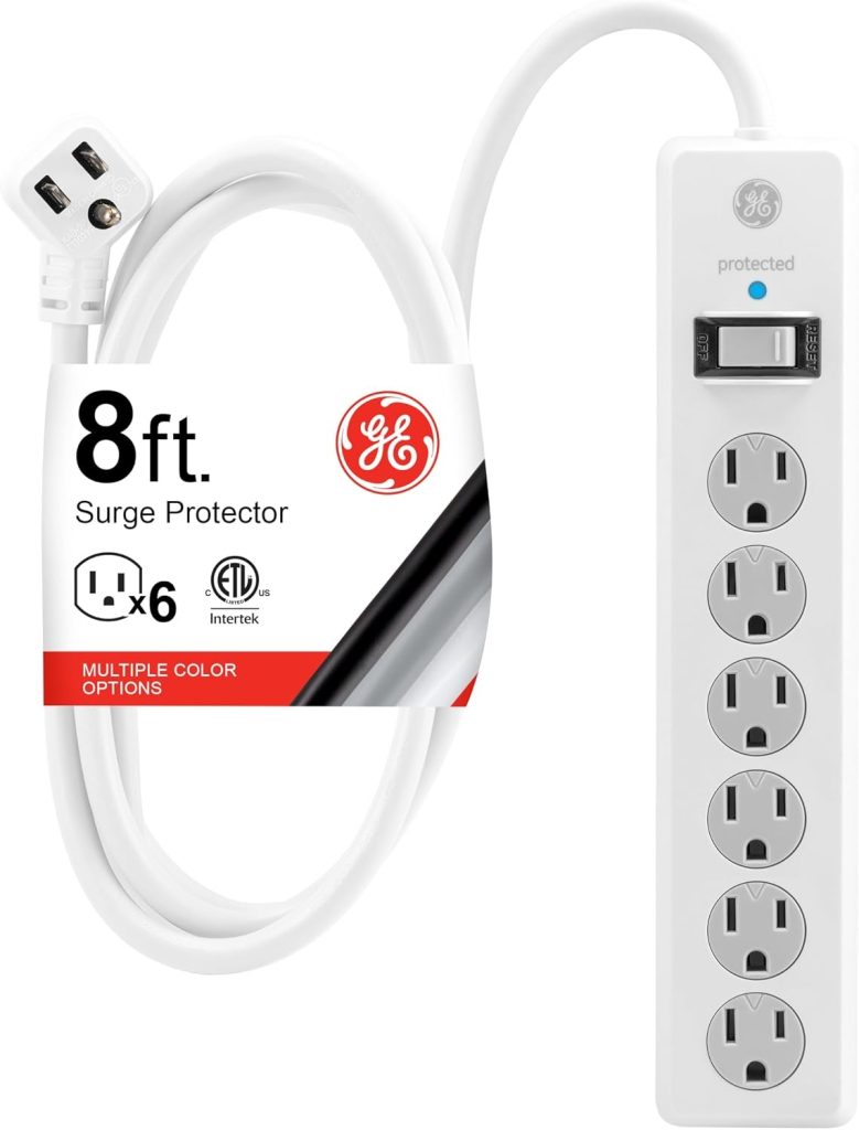 GE 6구 써지 프로텍터 멀티탭, 슬림 플러그와 보호 덮개 사양 점검 6 GE Surge Protector Power Strip, 8 Ft Extension Cord, 6 Outlet Extender, 800 Joules, Flat Plug, Twist-to-Close Safety Covers, ETL Listed, White, 67044