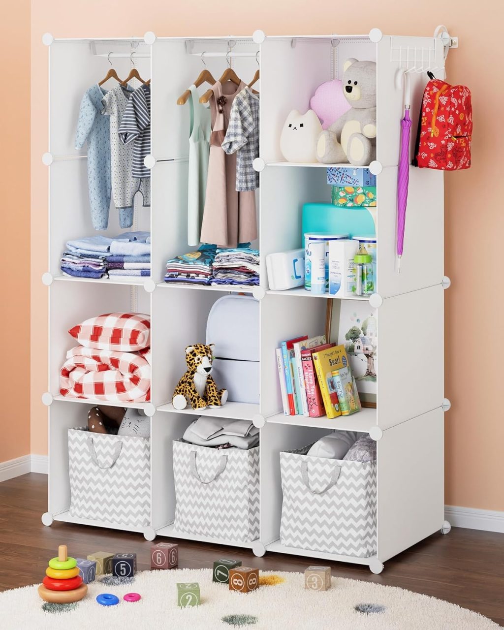 CUBEDIY Baby Closet Organizer for Nursery: Durable Baby Wardrobe for Closet - Customizable Baby Dresser Amoire Shelves - Waterproof Shelf Clothes Organizer w/Wall Fixation (White)