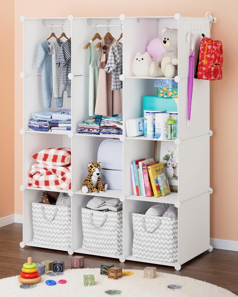 CUBEDIY 아기 옷장 정리함, 방수 선반과 모듈형 수납 설계 6 CUBEDIY Baby Closet Organizer for Nursery: Durable Baby Wardrobe for Closet - Customizable Baby Dresser Amoire Shelves - Waterproof Shelf Clothes Organizer w/Wall Fixation (White)