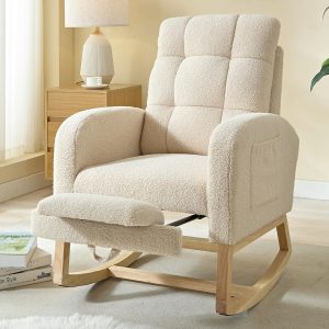 NIOIIKIT Modern Nursery Rocking Chair, Teddy Upholstered Rocking Chair with Footrest, Comfortable Rocker Glider with Side Pocket, Rocker Glider for Living Room, Bedroom, Nursing Room (Beige)
