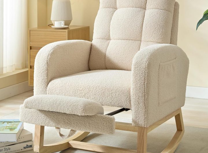 NIOIIKIT Modern Nursery Rocking Chair, Teddy Upholstered Rocking Chair with Footrest, Comfortable Rocker Glider with Side Pocket, Rocker Glider for Living Room, Bedroom, Nursing Room (Beige)