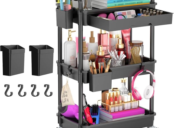 Goovilla 3 Tier Rolling Utility Cart Organizer with Removable Drawer, Black
