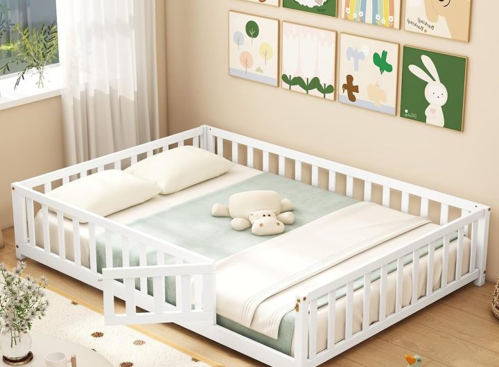 GIANTEX Full Size Floor Bed for Kids, Low Montessori Bed with Wood Slats & Safety Guardrails, Solid Wood Full Floor Beds with Fence and Door for Kids Boys Girls, White