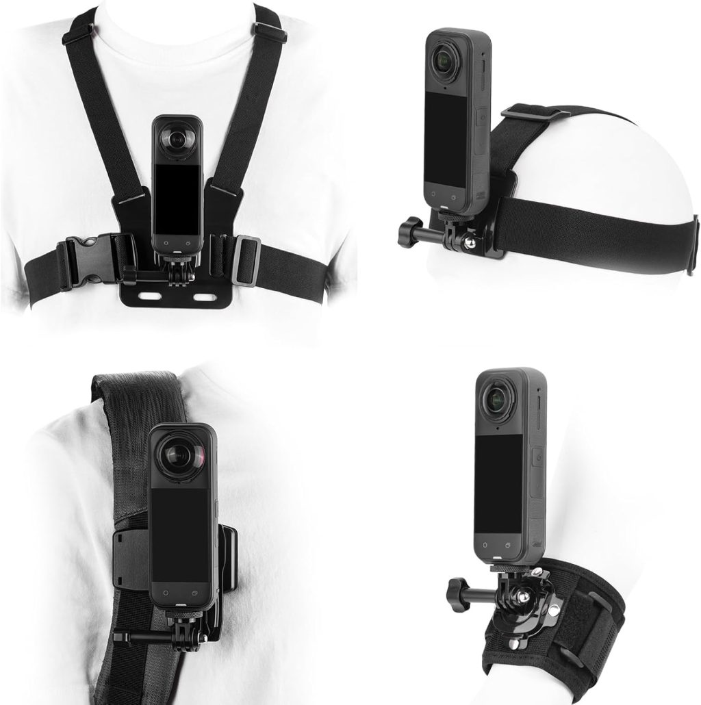 BRDRC Accessories Kit for Insta 360 X5 X6 X4 Air, Chest Mount Head Strap Harness Backpack Clip Holder Wrist Strap, 360°Rotating Adapter + Quick Release for Insta360 One X3 X Camera Accessory Bundle