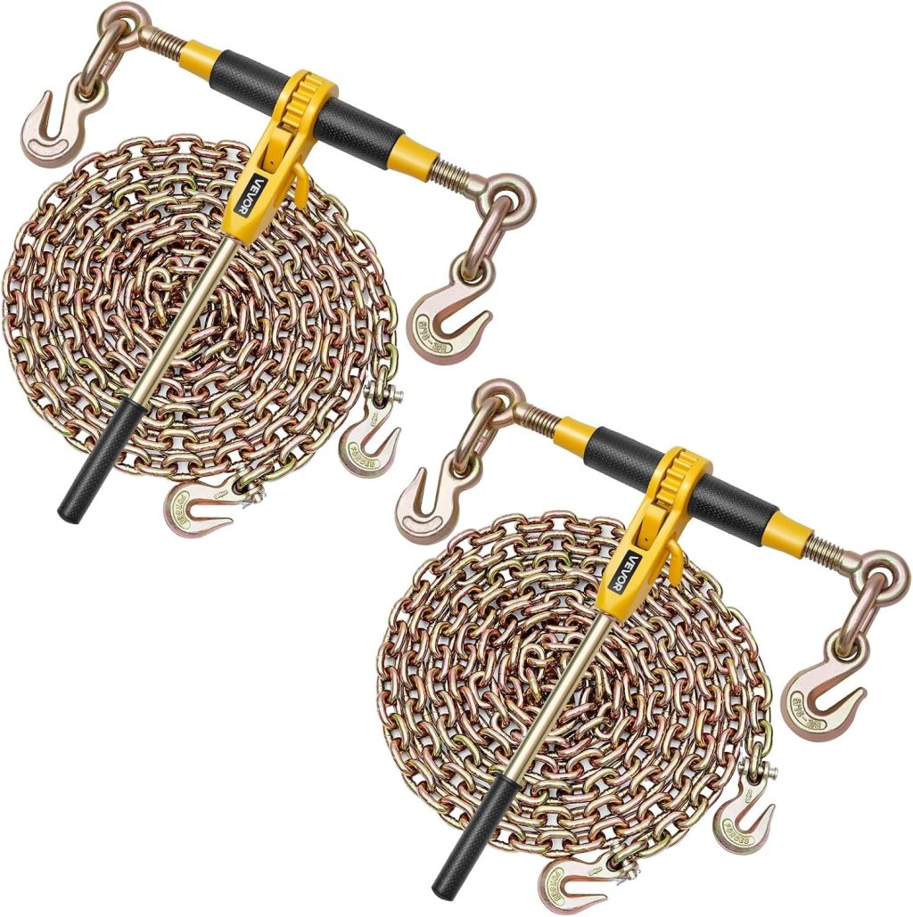 VEVOR Ratchet Chain Binder, 5/16 in x 10 ft G80 Chains, 8000 lbs Working Load of Ratchet Load Binder, Chains and Binders Set, Tie Down Hauling Chain Binders for Hauling, Towing, Logging, Lifting