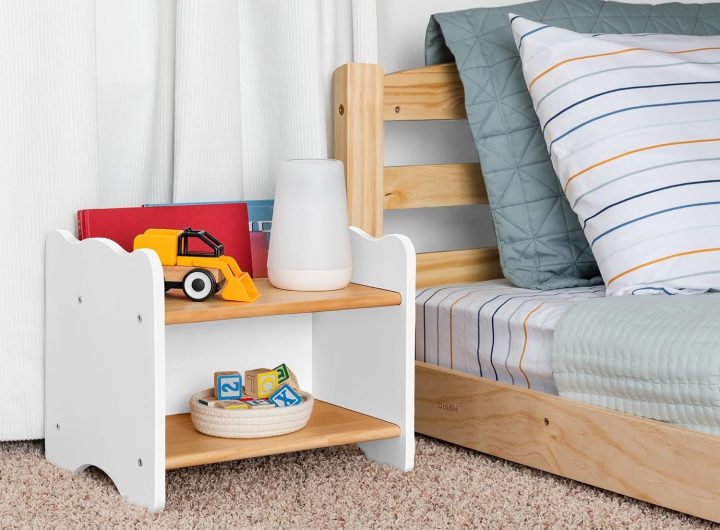 Ocodile The Original Kids Nightstand for Floor Beds, Solid Wood Small Bedside Table with Book Pocket, Low Tiny Nightstand for Nursery, Toddler & Kids Room, Montessori Style Side Table - White