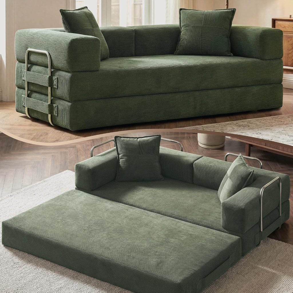 GRUSIGN 78" 5-in-1 Convertible Futon Sofa Bed, Boneless Corduroy, Green