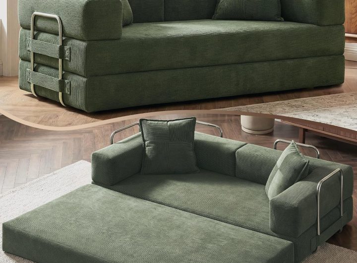 GRUSIGN 78" 5-in-1 Convertible Futon Sofa Bed, Boneless Corduroy, Green