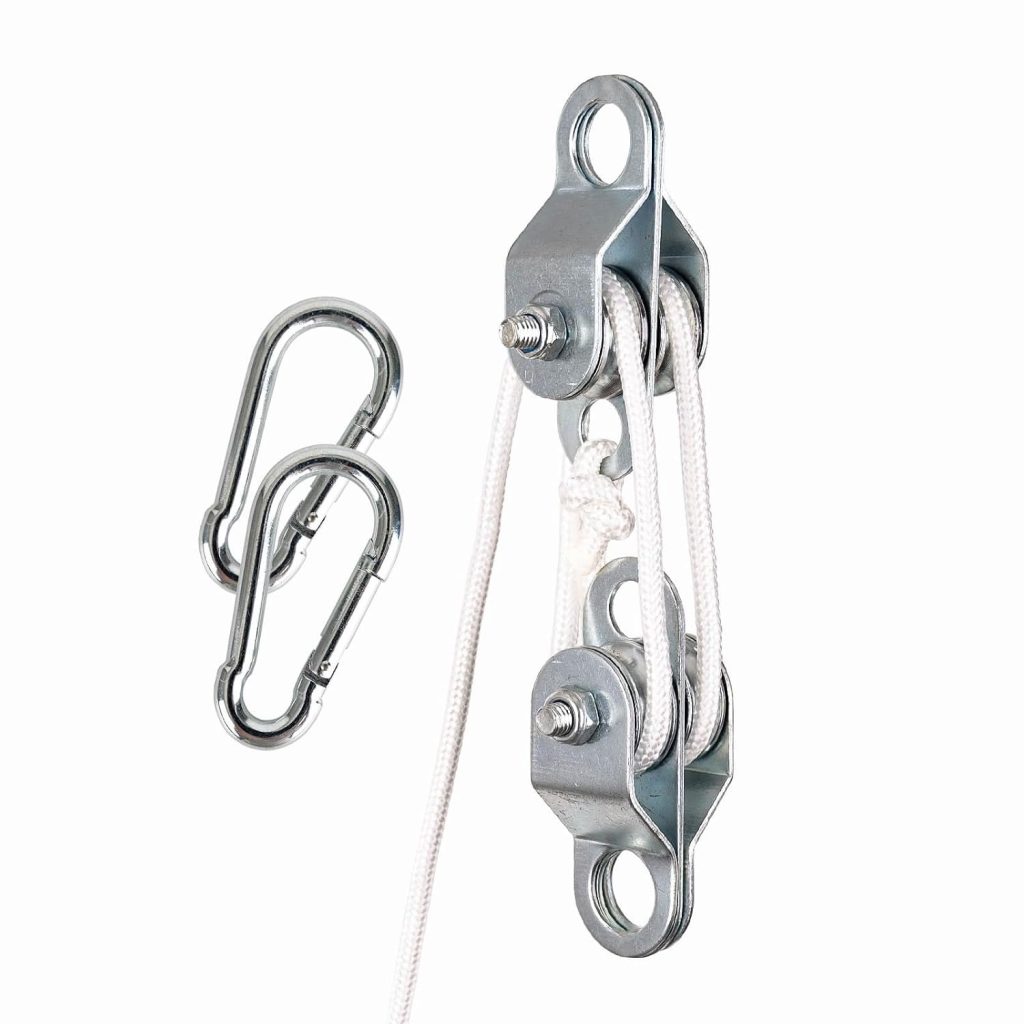 Double Snatch Block and Tackle Pulley System – 32 Ft x 1/4'' Rope and Hook,Cable Pulley for Garage,Attic,Kayak,Bicycle, 150LB Lifting