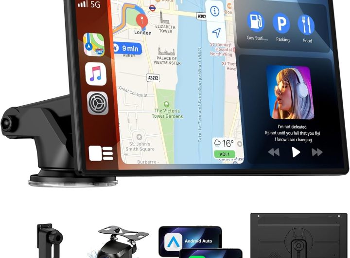 Wireless CarPlay Screen for Car, 9 Inch Portable Touchscreen for Apple CarPlay & Android Auto, Plug & Play, OTA Updates, Backup Camera & Screen Mirroring, Voice Control, GPS, Bluetooth 5.0, FM/AUX